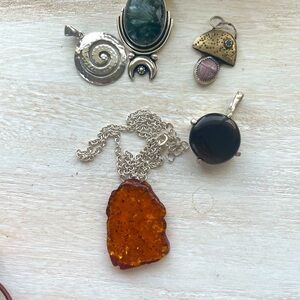 Amber, Smoky Quartz,  Silver Pendant lot. Sterling and mixed metals.